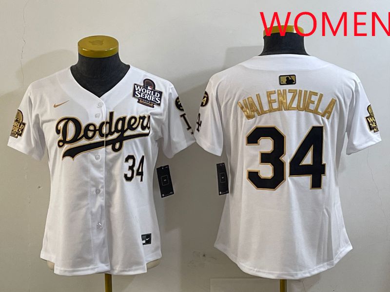 Women Los Angeles Dodgers 34 Valenzuela White Gold Game 2025 Nike MLB Jersey style 2